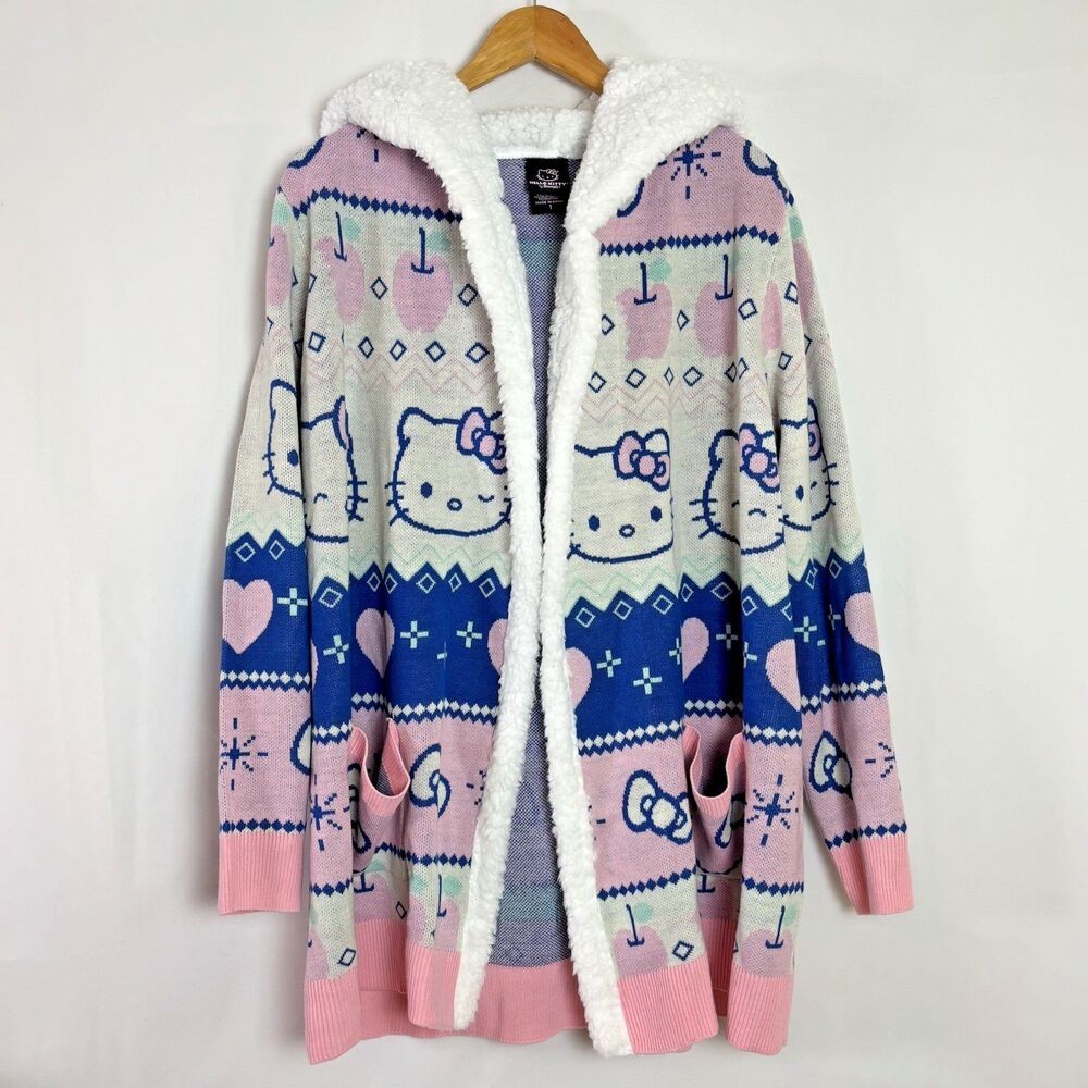Hot Topic Hello Kitty Pastel Fair Isle Sherpa Girls Cardigan Size 1 Large Hooded